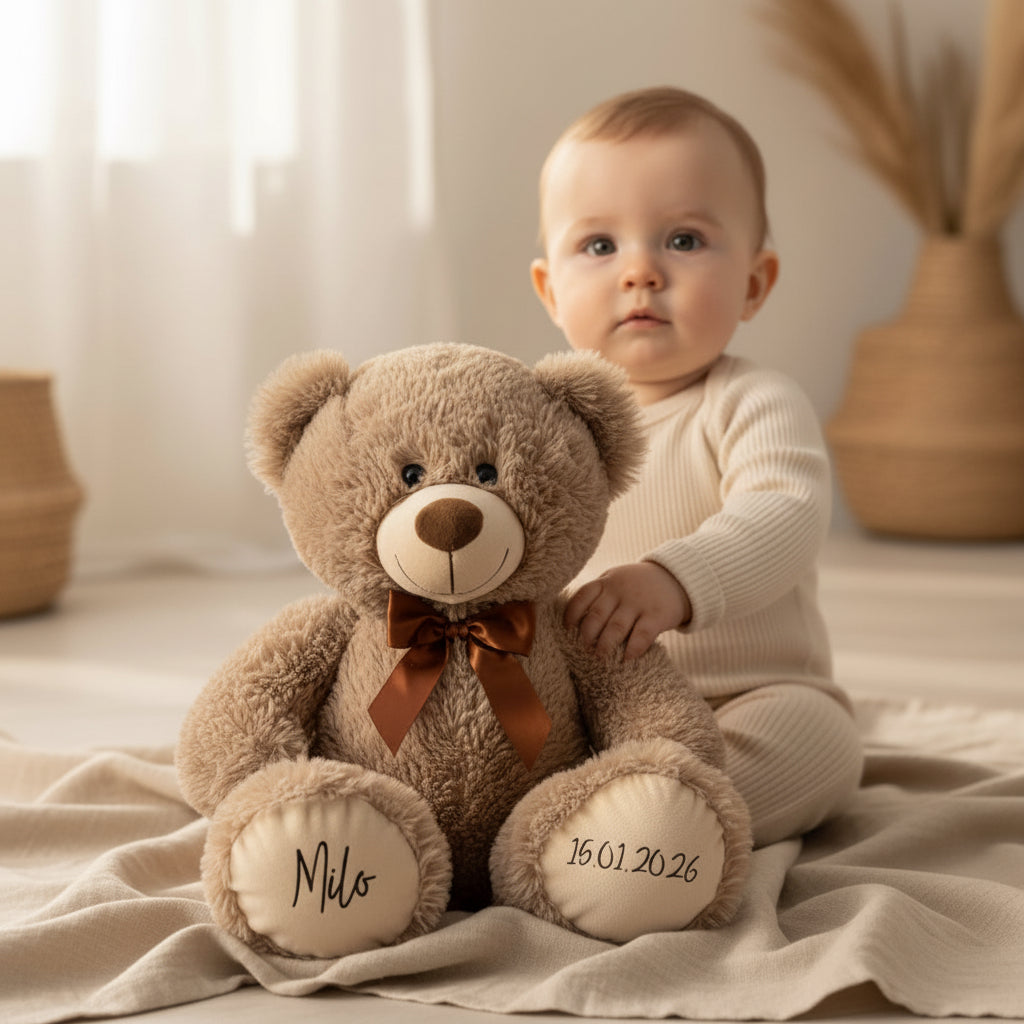 Personalisierter Teddybär mit Name und Geburtsdatum als besonderes Geschenk zur Geburt – hochwertiges Babygeschenk personalisiert bei Schmatzepuffer
