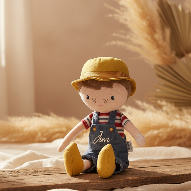Personalisierte Stoffpuppe mit Name im warmen Boho-Stil – besonderes Geschenk zur Geburt für Babys und Kleinkinder
