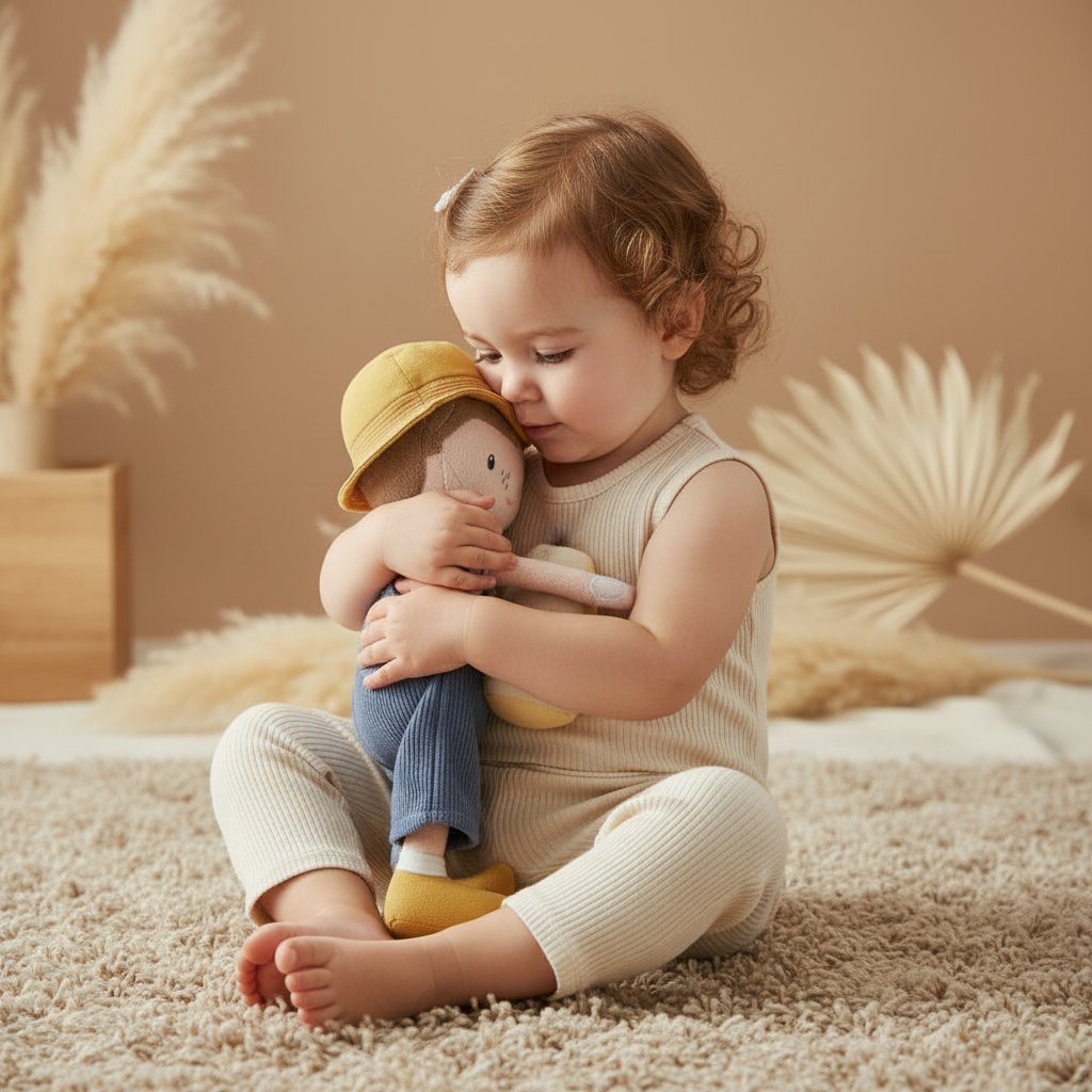 Kleinkind umarmt personalisierte Stoffpuppe mit Name – emotionales Geschenk zur Geburt für Babys und Kleinkinder