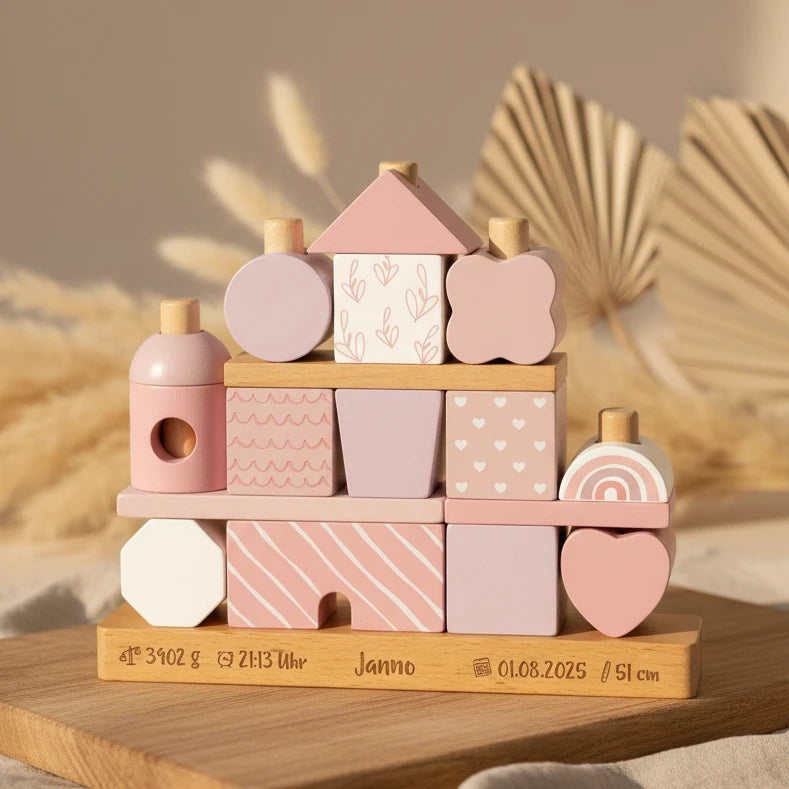 Personalisiertes Holz Stapelhaus in Rosa mit individuellem Namen zur Foerderung von Motorik, Kreativitaet und spielerischem Lernen
