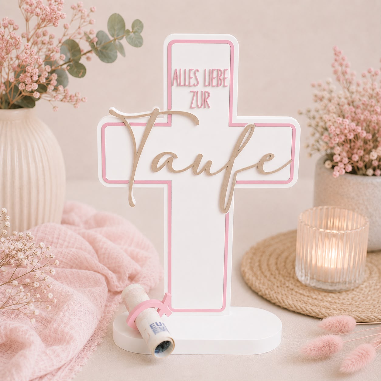 Personalisiertes Taufkreuz in Rosa mit Namen ohne Verzierung als Geldgeschenk zur Taufe