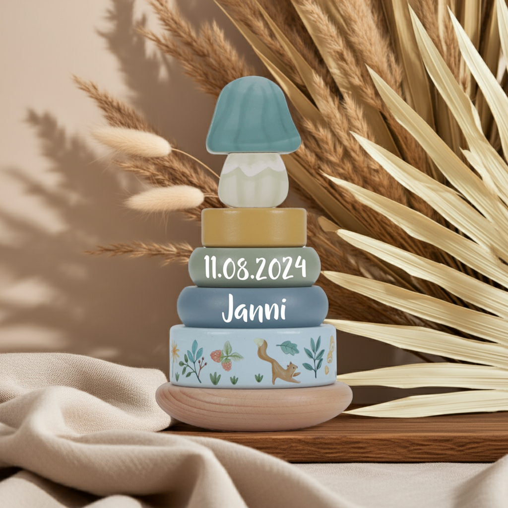 Coffret cadeau personnalisé en bois - Train - Tour à empiler - Arc-en-ciel - Cadeau de naissance