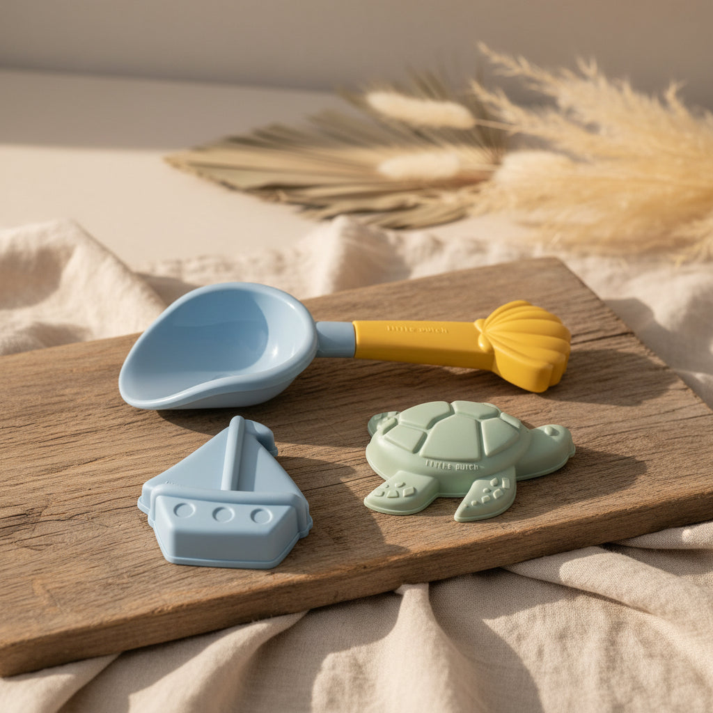 Kindgerechtes Sandkasten-Spielzeug mit Schaufel und zwei Sandformen für kreativen Spielspaß am Strand oder im Sandkasten