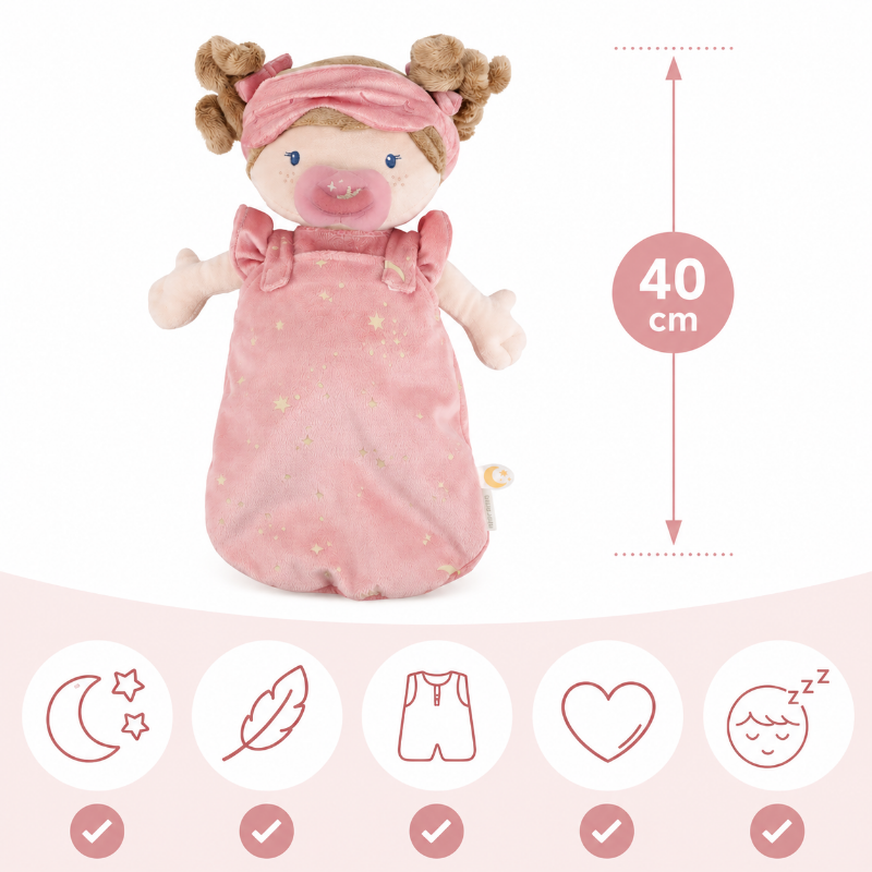 Schlafpuppe Rosa als Produkt-Infobild mit 40 cm Maßangabe und großen Icons für Leuchtfunktion, kuschelweichen Körper, ausziehbaren Schlafsack und Einschlafbegleitung