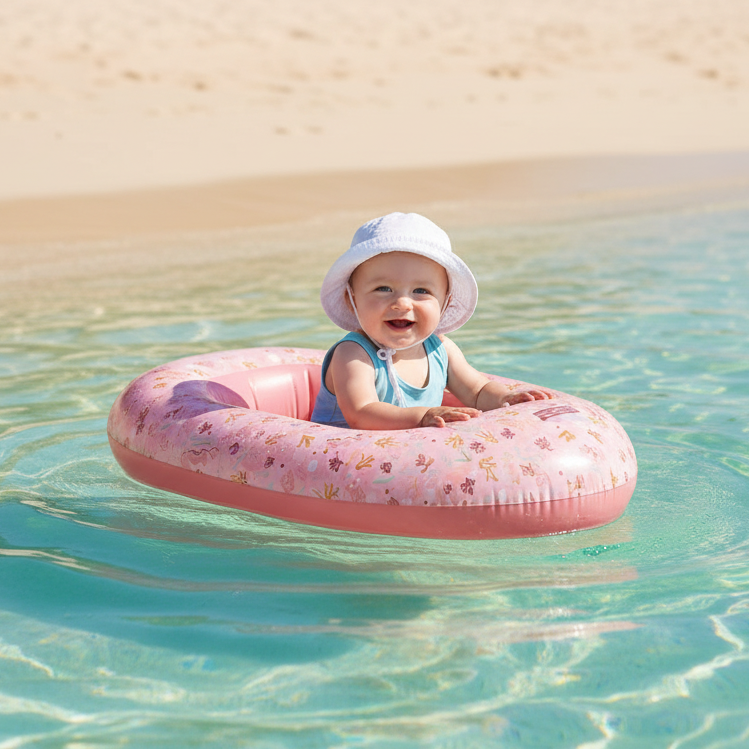 Baby sitzt im rosa Schlauchboot im klaren Wasser – sicheres aufblasbares Kinderboot für Strand und Sommer