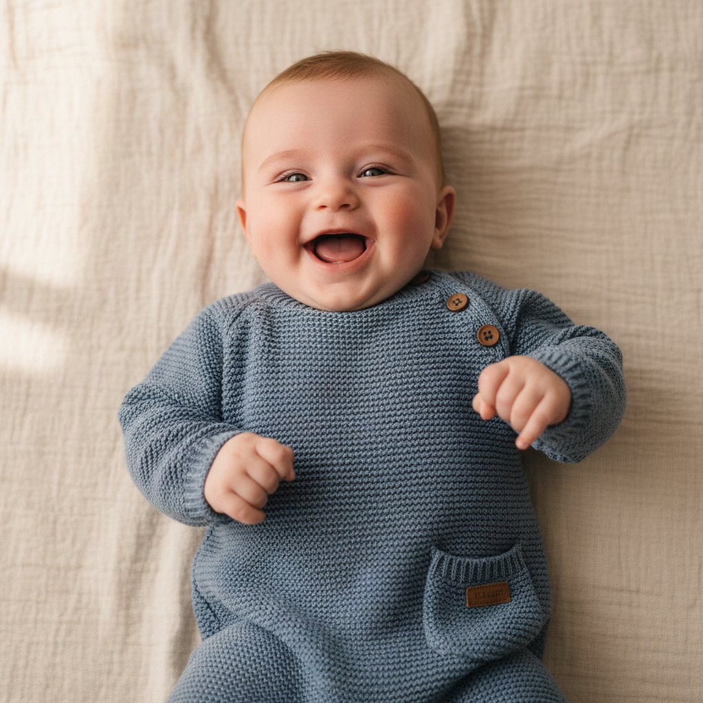 Weicher Strickstrampler in Blau fuer Babys aus hochwertiger Baumwolle mit hohem Tragekomfort, ideal fuer Alltag, Ausfluege und besondere Momente