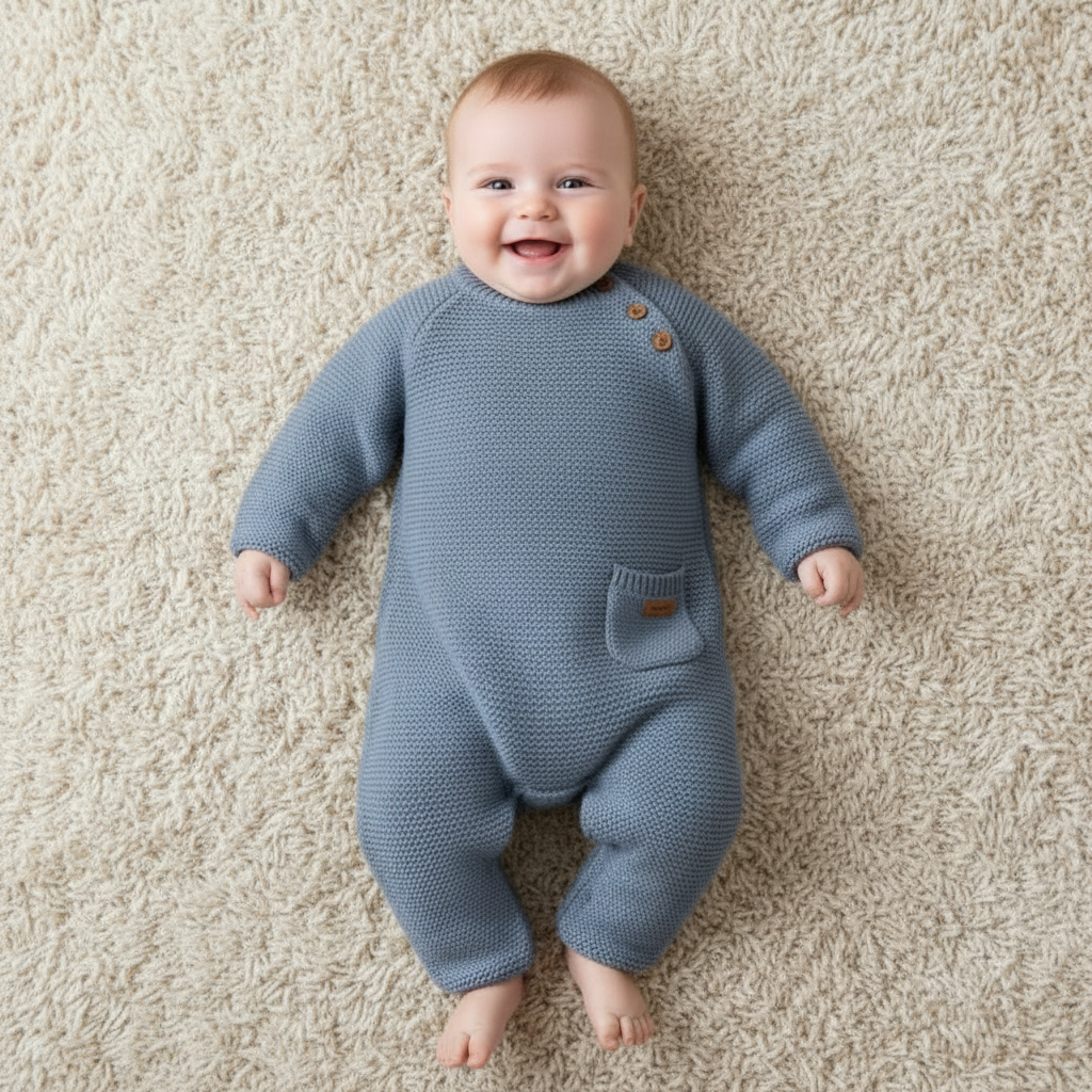Weicher Strickstrampler in Blau fuer Babys mit hohem Tragekomfort, ideal fuer Alltag, Ausfluege und besondere Momente