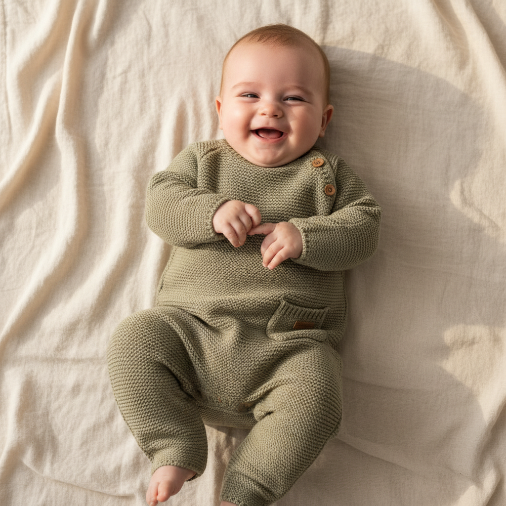 Weicher Strickstrampler in Olive fuer Babys mit hohem Tragekomfort, ideal fuer Alltag, Ausfluege und besondere Momente