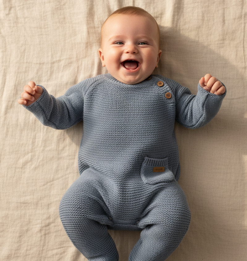 Weicher Strickstrampler in Blau fuer Babys mit hohem Tragekomfort, ideal fuer Alltag, Ausfluege und besondere Momente