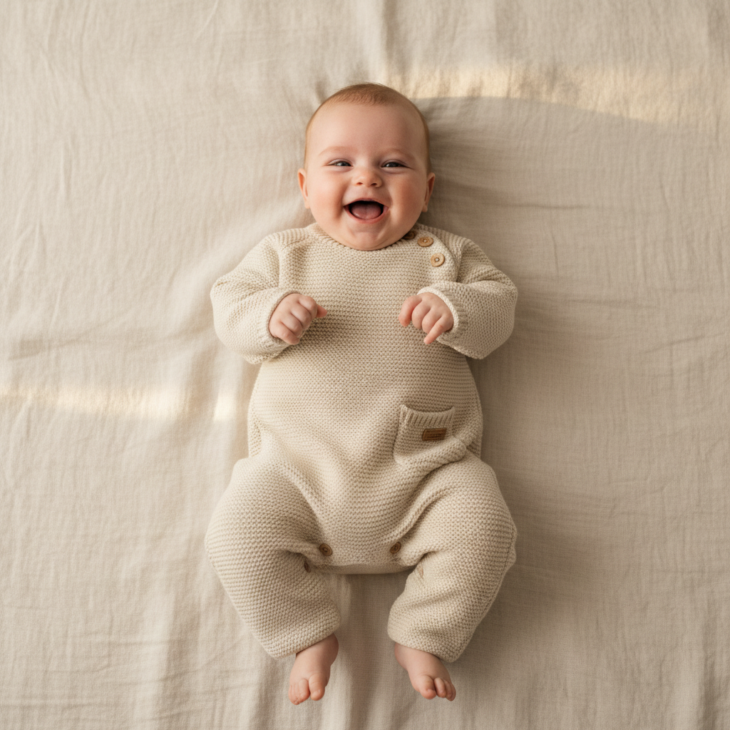 Weicher Strickstrampler in Sand fuer Babys mit hohem Tragekomfort, ideal fuer Alltag, Ausfluege und besondere Momente