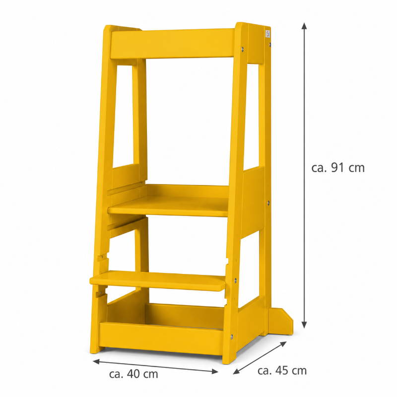 Gelber tiSsi Lernturm Felix mit Maßen 40 x 91 x 45 cm als mitwachsender Kinder-Lernturm für Küche, Bad und Alltag