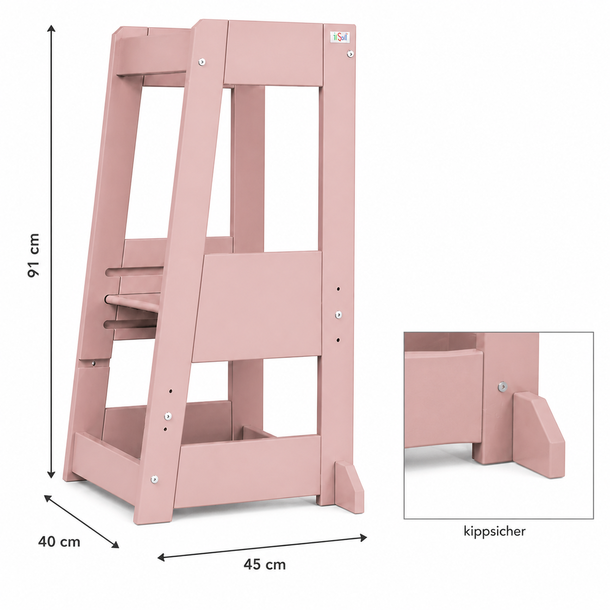 Produktdetailbild des tiSsi Lernturm Felix in Oriental Rose mit Maßen 40 x 91 x 45 cm und Detailansicht des kippsicheren Standfußes