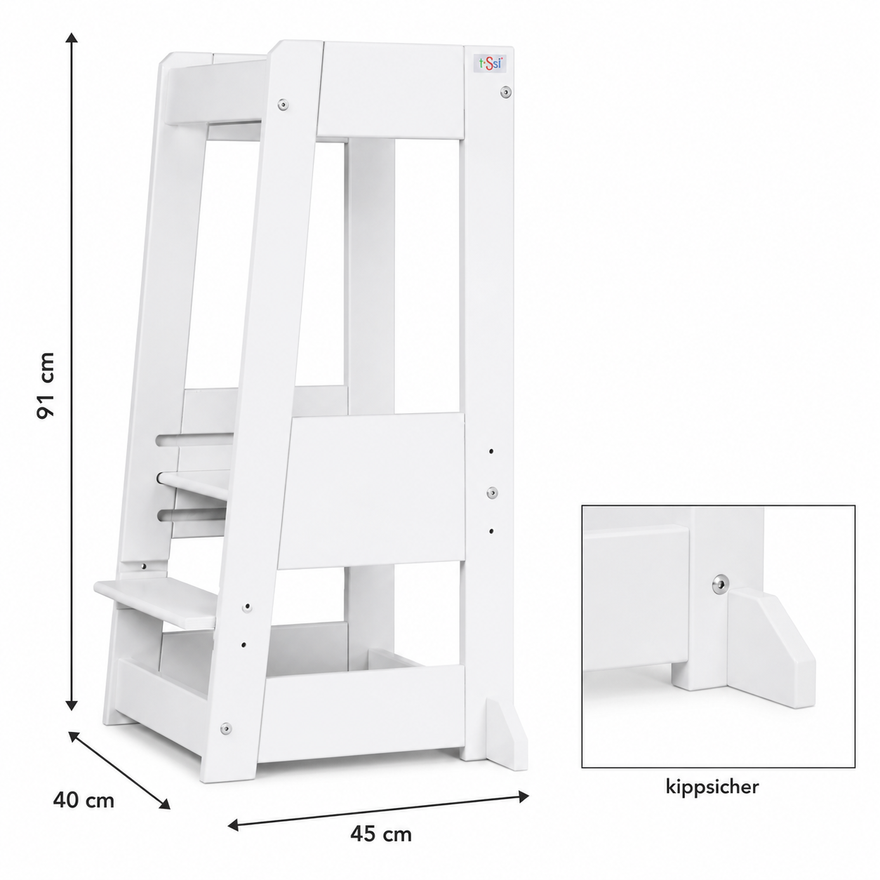Produktdetailbild des weißen tiSsi Lernturm Felix mit Maßen 40 x 91 x 45 cm und Detailansicht des kippsicheren Standfußes
