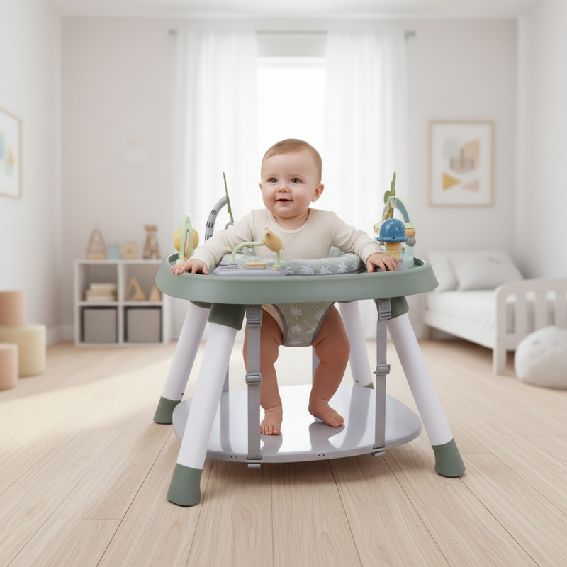 Multi Spielcenter in Gruen fuer Babys mit abwechslungsreichen Spielelementen zur Foerderung von Motorik, Sinneswahrnehmung und spielerischer Entwicklung