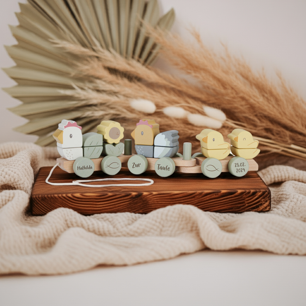 Personalisierter Holzzug Huhn mit Name – Geschenk zur Taufe | Schmatzepuffer
