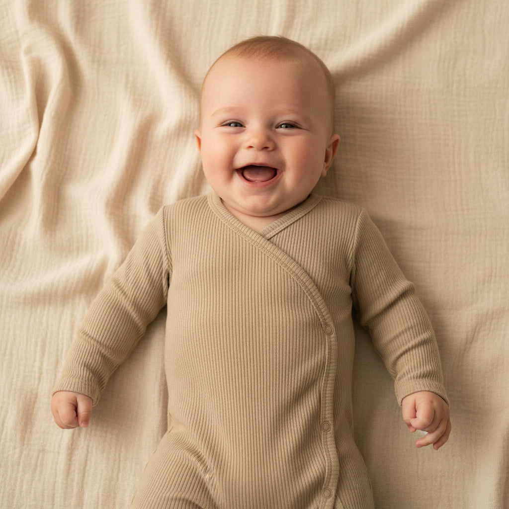 Weicher Wickelstrampler in Oliv fuer Neugeborene und Babys aus hautfreundlichem Material mit praktischer Wickeloeffnung und hohem Tragekomfort