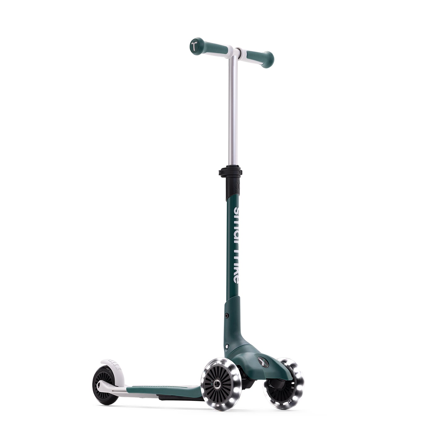 Xtend Mini+ Kinder Scooter in Grün mit drei Rädern und LED-Leuchträdern, stabiler mitwachsender Scooter für Kinder