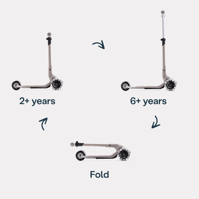 Xtend Mini+ Kinder Scooter in Beige, mitwachsend von 2 bis 6 Jahre und faltbar, ideal für langfristige Nutzung und flexible Anpassung an die Entwicklung des Kindes