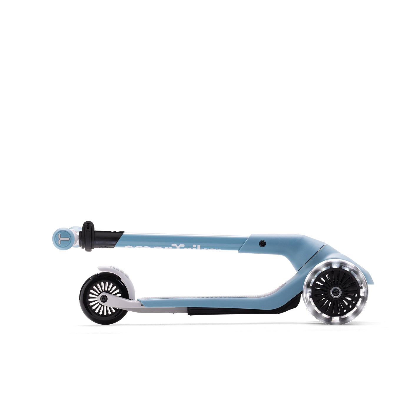 Xtend Mini+ Kinder Scooter in Blau zusammengeklappt, faltbarer Kinderroller mit LED-Rädern und kompaktem Design für einfachen Transport
