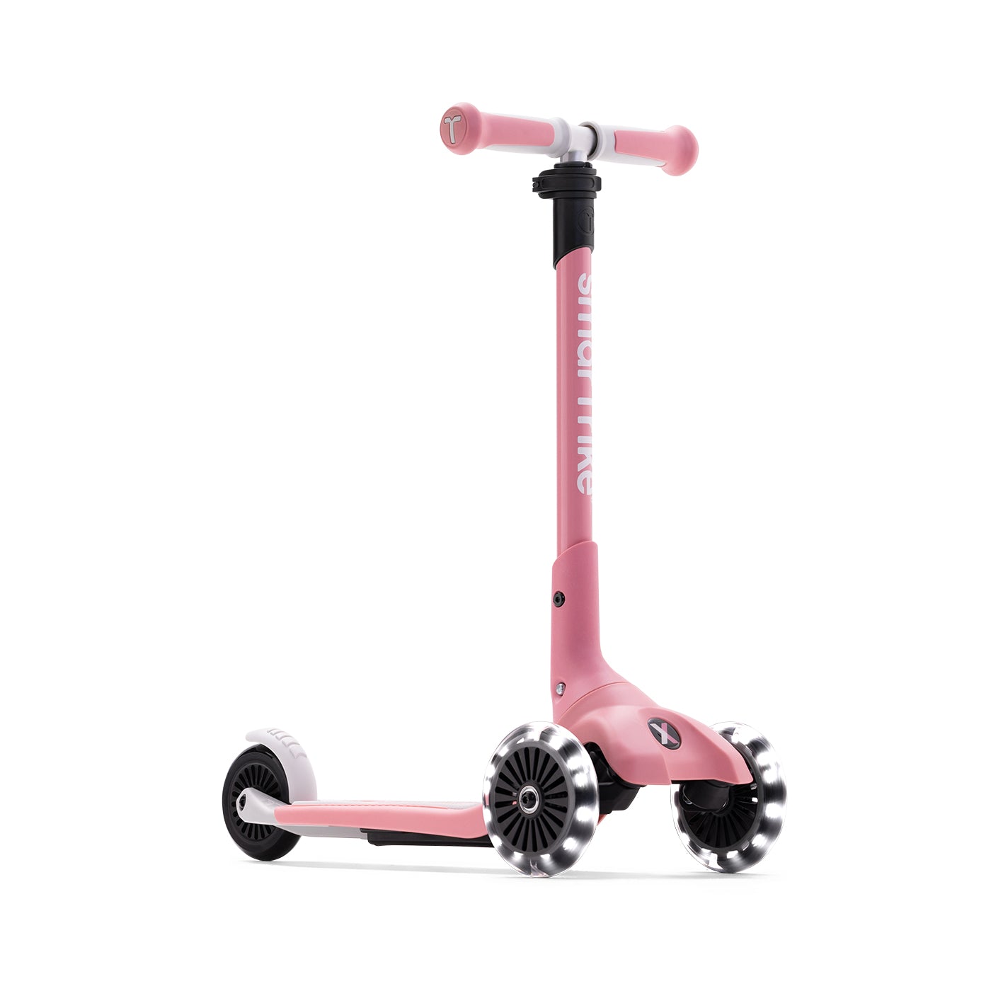 Xtend Mini+ Kinder Scooter in Rosa in Seitenansicht, mit LED-Rädern und stabilem 3-Rad-System, ideal für Kinder und sicheres Fahrgefühl