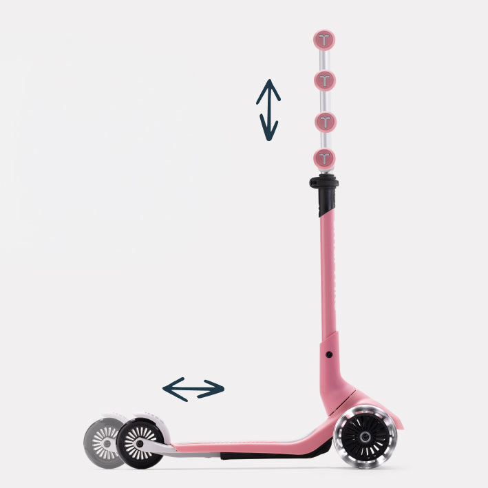 Xtend Mini+ Kinder Scooter in Rosa mit höhenverstellbarem Lenker und ausziehbarem Trittbrett, zeigt Anpassung an Wachstum und flexible Nutzung