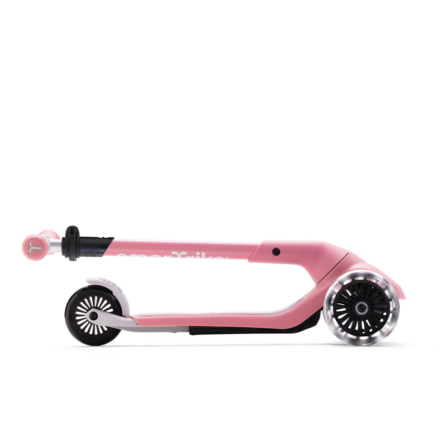 Xtend Mini+ Kinder Scooter in Rosa zusammengeklappt, faltbarer Kinderroller mit LED-Rädern und kompaktem Design für einfachen Transport