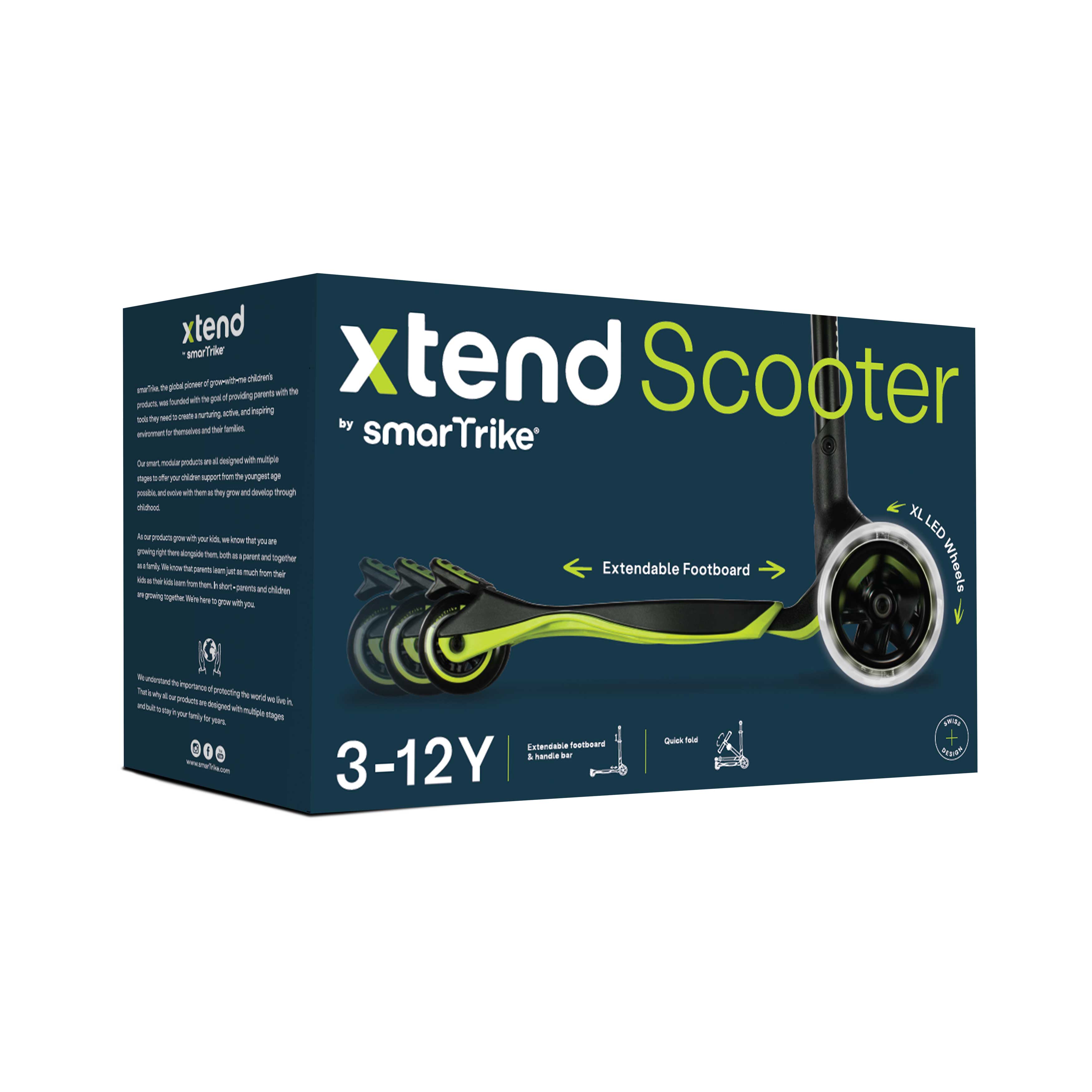 Verpackung Xtend Kinder Scooter 3 bis 12 Jahre Produktbox mit LED Rädern und mitwachsendem Trittbrett