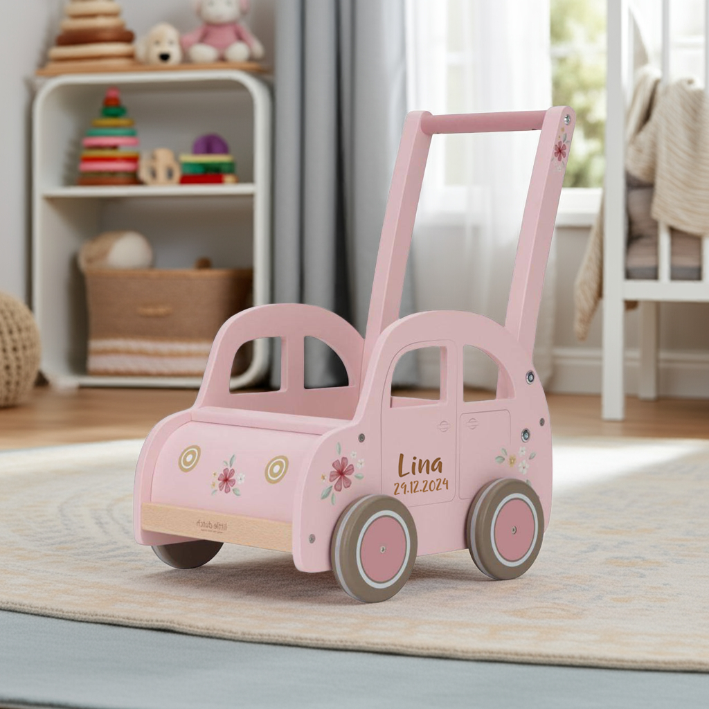 Chariot de marche rose personnalisable avec prénom et date de naissance