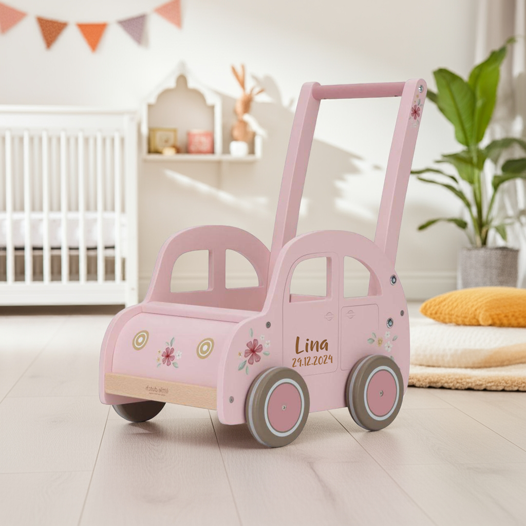 Chariot de marche rose personnalisable avec prénom et date de naissance