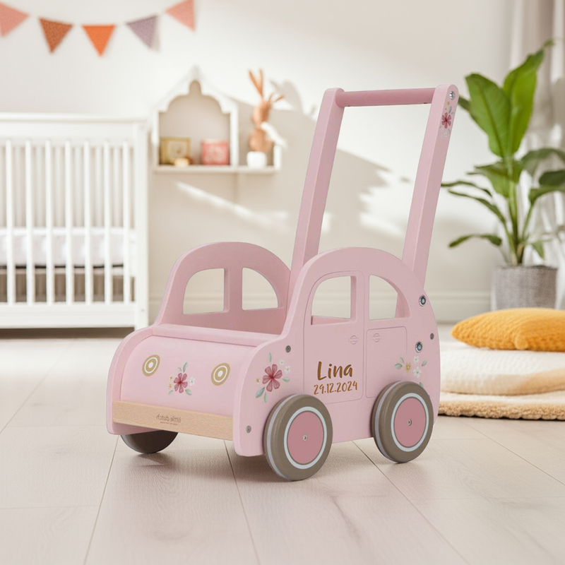 Pink walker, customizable with name & date of birth