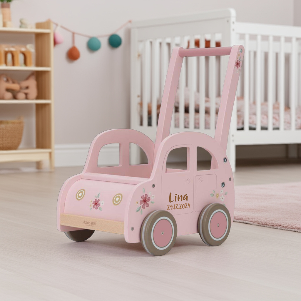 Chariot de marche rose personnalisable avec prénom et date de naissance